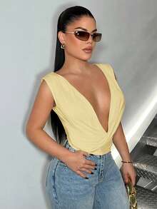 SHEIN SXY 女士纯色深V领褶皱性感百搭约会之夜衬衫 - 黃色 - 查看 4