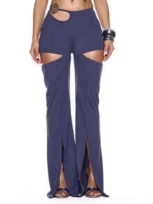 MUSERA 漩涡饰边细节镂空喇叭开衩裤套装，性感夏季春季锐舞音乐节假日度假派对外出旅行 - 藏蓝色 - 查看 2