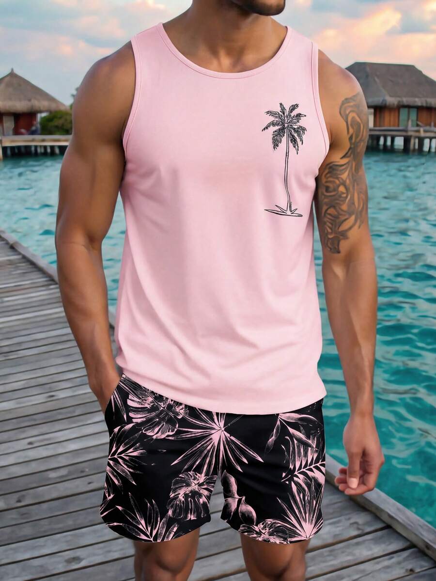 Manfinity RSRT Men's Palm Tree Print Round Neck Tank Top And Tropical Plant Print Shorts Set, Holiday - Multicolor - View 1