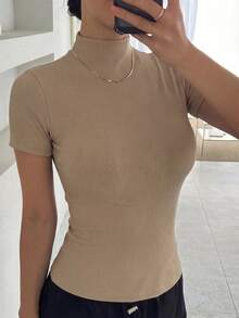 DAZY Women's Solid Color Short Sleeve Turtleneck Fitted Undershirt - Khaki - View 5