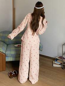 DAZY 2件組甜美櫻桃波點印花荷葉領女款睡衣套裝，春季睡衣 - 粉色 - 查看 2