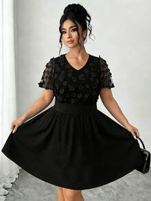 Elenzga Plus Size V-Neck Short Sleeve Floral Patchwork Elegant Fashion Dress For Women - Black - View 6