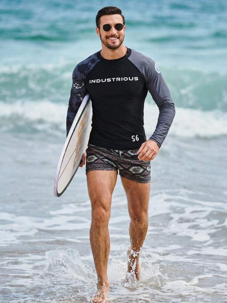 Men's Letter Print Splice Sleeve Rash Guard, Slim Fit Swimwear For Summer