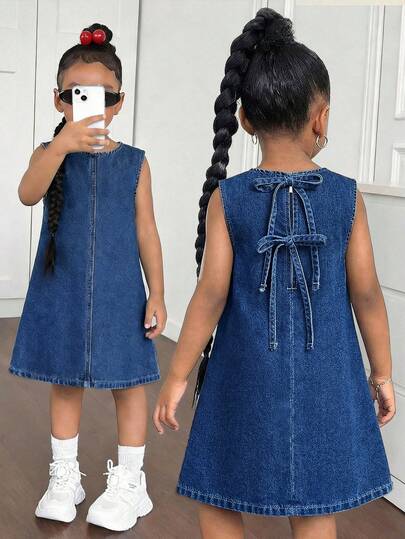 Young Girl' Blue Denim Sleeveless Loose Dress