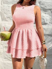 Sunnyshic Fashionable Minimalist Spring/Summer New Versatile Round Neck Red Plaid Gentle Elegant Fitted Waist Sleeveless Dress - Pink - View 7