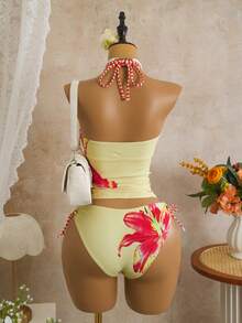 Zestiva Bộ đồ bơi tankini nữ mùa Xuân/Hè mới, in họa tiết, buộc dây, có chức năng định hình vòng eo, màu vàng. Áo bơi - Nhiều màu - Xem 2
