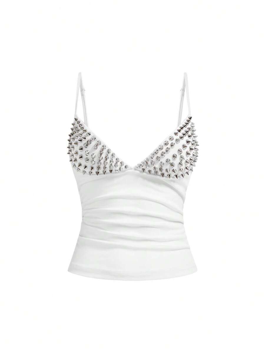 ROMWE Grunge Punk Top sexy de Halloween con remaches punk oscuros para mujer - Blanco - Ver 1