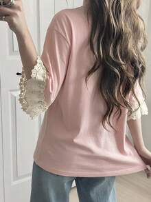 FRIFUL Women's Casual Loose Fit Letter Print Lace Patchwork Short Sleeve T-Shirt, Breathable Cotton Blend, Versatile For Spring/Summer Graphic Tees Women - Pink - View 2