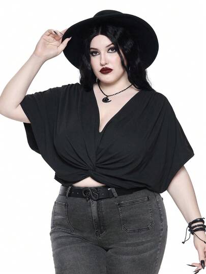 ROMWE Goth Summer Outfits Deep V-Neck Twist Waist Batwing Sleeve Plus Size Women T-Shirt, Suitable For Music Festivals, Spring/Summer Designer Top