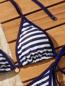 Swim Mod Women's New Striped Print Triangle Cup Bikini Set, Sexy Tie-Up Contrast Color Swimwear 2 Pieces - Navy Blue - View 4
