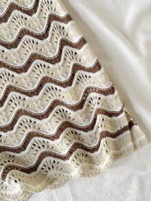 SHEIN 女童不对称下摆条纹镂空钩编吊带裙罩衫，适合夏季沙滩穿着 - 卡其色 - 查看 3