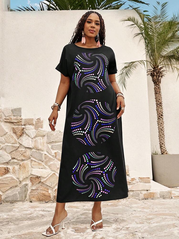 Plus Size Women'S Black And White Polka Dot Long Dress For Spring