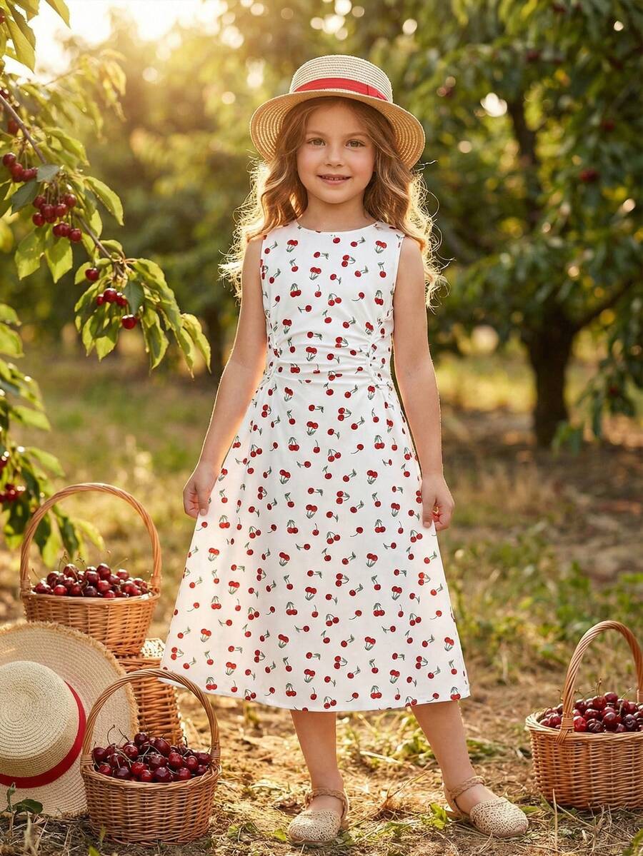 Serisse Kids Đầm dự tiệc xếp tầng in hình quả anh đào thanh lịch dành cho bé gái tuổi teen - trắng - Xem 1