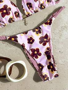 SHEIN Swim Mod 女士随机印花挂脖金属装饰比基尼套装，春夏款 - 彩色 - 查看 7