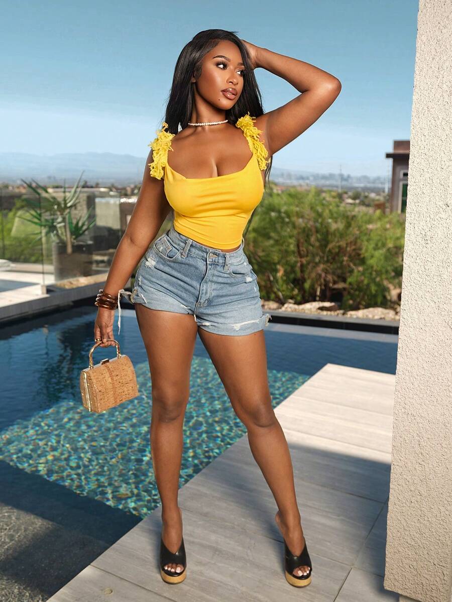 BamGleam Áo hai dây tua rua màu vàng phong cách nghỉ dưỡng nhiệt đới, áo tank top ngắn cổ chữ V gợi cảm, áo hai dây không tay mặc ngoài kiểu bãi biển. - Màu vàng - Xem 1