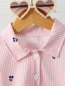 Young Girl Summer Striped Cherry Print Casual Versatile Daily Wear Shirt - Pink - View 4