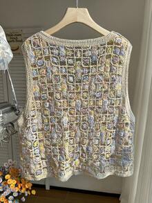 Comfortcana Plus Size Women Contrast Color Hollow Out Single-Breasted Knit Cardigan Vest - Multicolor - View 2