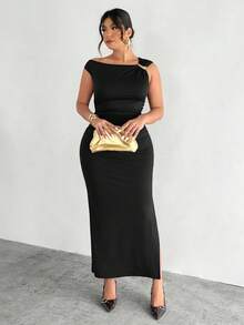 Firerie Plus Size Comfortable Casual Elegant Vacation/Office Commute Sleeveless Dress, Metal Decor Ruched Elastic Waist Slim A-Line With Slit, For Spring/Summer - Black - View 4