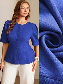 Roveilla Blusa feminina plus size de cor sólida, cor castanha, com nó de bambu, decote redondo, cintura marcada, modelagem evasê, abertura frontal e botões. Elegante, com estilo retrô francês, perfeita para o escritório, trabalho, lazer, chá da tarde, estilo urbano, minimalista e versátil. Novidade da coleção primavera/verão. - Azul Real - Ver 1