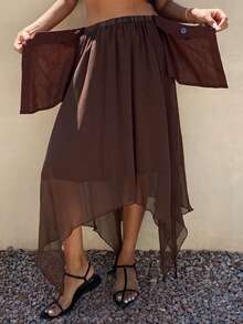 Livesso Chân váy nữ phong cách Bohemian với thiết kế vạt bất đối xứng, thích hợp cho kỳ nghỉ biển, màu nâu trơn, phù hợp cho mùa xuân và mùa hè. - Cà phê nâu - Xem 3