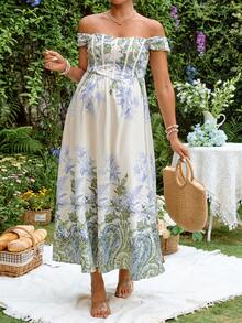 SHEIN Maternity White Summer Boho Flowy Floral Print Off Shoulder Elegant Dress For Holiday,Wedding Guest,Prom Party Vacation Outfits And Formal Events - Blue and White - View 5