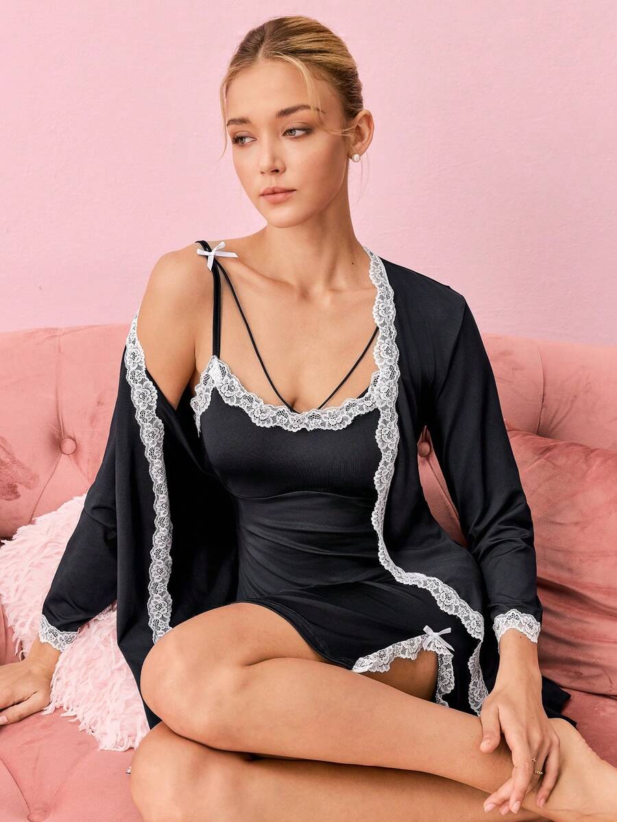 Bonmuse Lace Trim Decor Robe & Sleep Slip Dress Pajama Set, Sweet Y2K Style Women Sleepwear Set Holiday Season, Fall Winter Clothes - Multicolor - View 1
