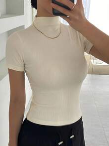 DAZY Women's Solid Color Ribbed Stand Collar Fitted Short Sleeve Top - Apricot - View 4