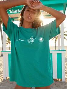SHEIN LUNE Große Größen Lässig Minimalist T-Shirt mit Schildkrötendruck, Sommer - Grün - Übersicht 3