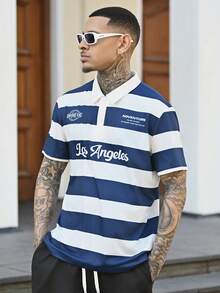 Devon Thys Áo polo nam đơn giản màu xanh trắng kẻ sọc in chữ cái đại học, thích hợp cho đi học, đi chơi và làm quà tặng bạn bè. - Màu xanh lam - Xem 5