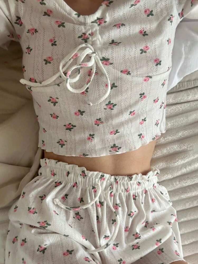 2pcs/Set Women Floral Print Short Sleeve Top And Shorts