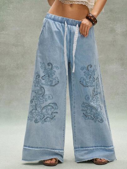 Bohemela Women's Casual Solid Color Woven Loose Wide-Leg Jeans