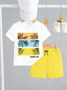 SHEIN Streecool Kids 男童圆领短袖休闲夏季上衣和短裤两件套 - 黃色 - 查看 5