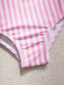 BABY SHARK X SHEIN Baby Girl Striped Ruffle Trim One-Piece Swimsuit - Pink - View 4