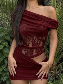 Ronhire 女式性感优雅露肩腰部镂空透明蕾丝撞色网眼迷你连衣裙 - 酒紅色 - 查看 4