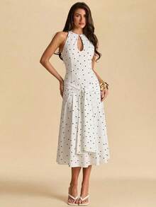 SHEIN BAE Đầm ôm sát không tay chấm bi đen trắng, thích hợp cho khách dự đám cưới, kỳ nghỉ biển, kiểu dáng thanh lịch. - trắng - Xem 4