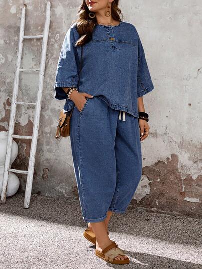 EMERY ROSE Mature Denim Ensemble 2 pièces grande taille pour femmes, chemise en jean à manches longues avec boutons et pantalon décontracté à taille élastique