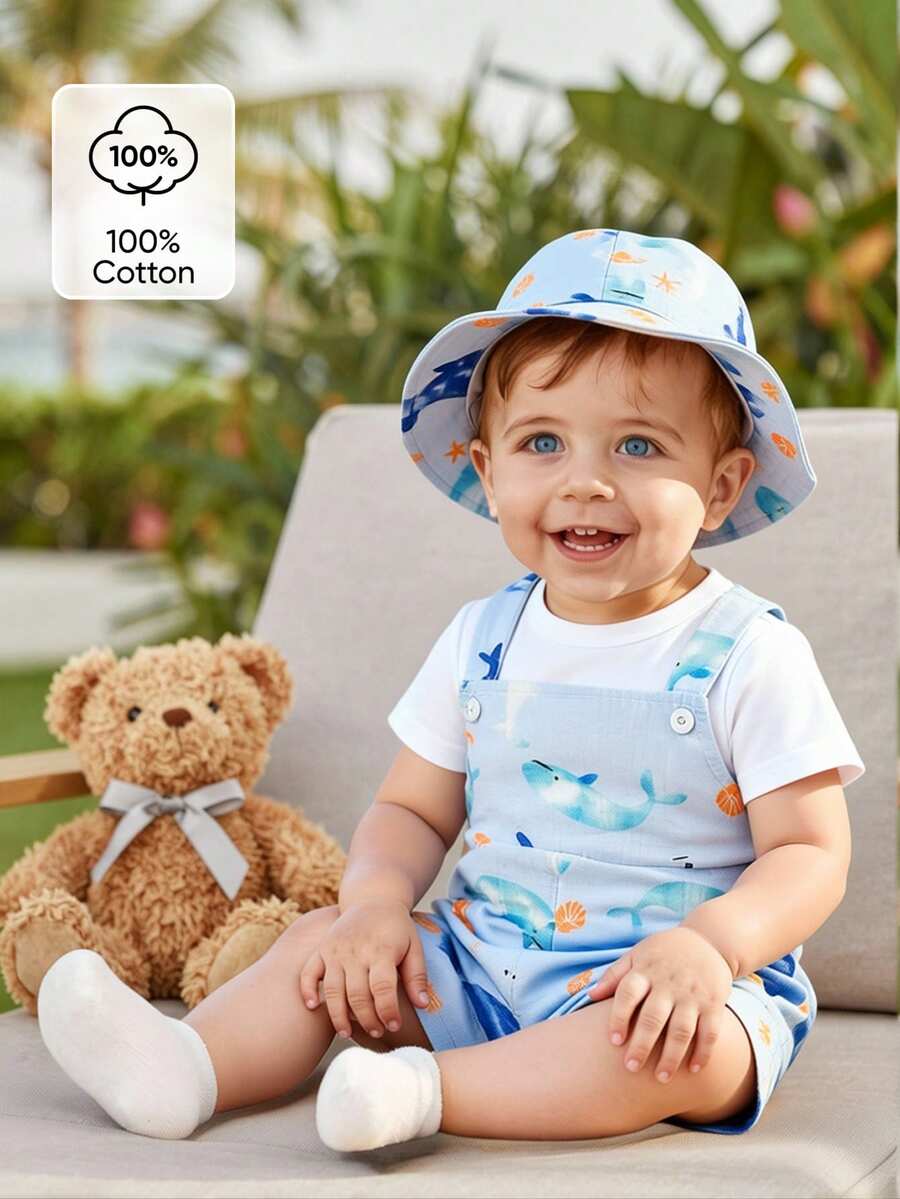 SHEIN Vintaside Kids 新生儿休闲可爱海豚印花连体衣和帽子套装 - 藍色 - 查看 1