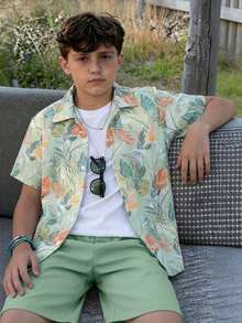 SHEIN Vacaura 2pcs/Set Teenage Boys Casual Summer Vacation Holiday Palm Tree&Island Style Short Sleeve Shirt And Shorts Set,Loose Fit Comfortable Fashionable Outfit - Multicolor - View 1