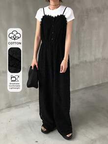 FRIFUL Damen Ärmellose Jumpsuit mit Spitzendekor für Frauen Loungewear Sets für Damen im Sommer - Schwarz - Übersicht 1