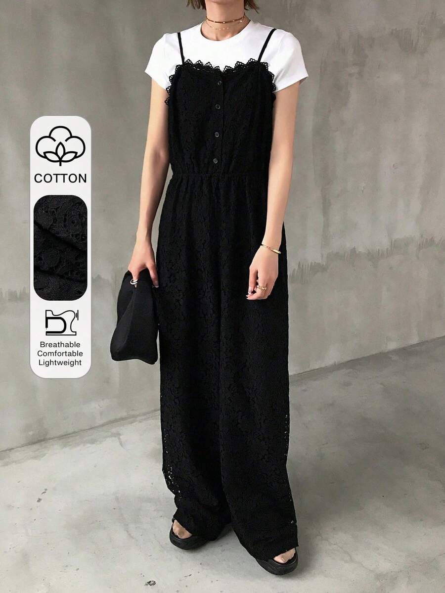 FRIFUL Damen Ärmellose Jumpsuit mit Spitzendekor für Frauen Loungewear Sets für Damen im Sommer - Schwarz - Übersicht 1