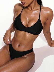 SHEIN Swim Basics Bañador bikini unicolor con tira cruzada - Negro - Ver 3