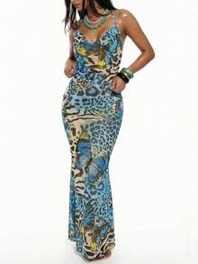 Swim Glamine Đầm che ngoài cổ yếm họa tiết da báo và bướm dành cho nữ, thích hợp cho kỳ nghỉ. - Màu xanh lam - Xem 3