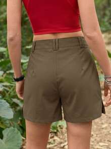 SHEIN In My Nature Pantaloncini casual da donna con stampa botanica e tasche con zip, abbigliamento da esterno per escursioni e campeggio, pantaloncini cargo da donna per attività all'aperto - Cachi - Visualizzare 4