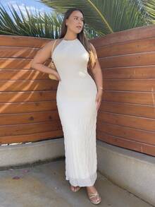 Nezia Cruz Women's Elegant Daily Casual Commuting Vacation Simple Sexy Backless White Dress Office Dress Birthday Party Dress Old Money Style Dress Bodycon Dress Solid Color Round Neck Sleeveless Waist Midi/Long Dress,Boho Clothes Women - White - View 4