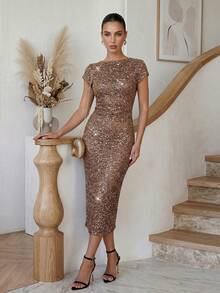 Lavishia 女士奢华亮片连衣裙，优雅假日连衣裙，春夏款 - 卡其色 - 查看 5