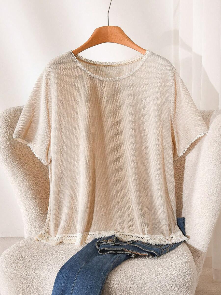 CosyJoli 大码女式夏季休闲条纹宽松圆领T恤 - 杏色 - 查看 1