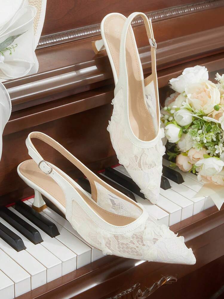 CUCCOO HITCHD Women Shoes Women's New White Lace Lace Slingback Shoes Pointed Thin Heel Temperament High Heels