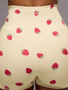Musera Sport Strawberry High Waist Active Shorts Only Active Workout Gym Cute Pilates Fitness Daily Girly Casual Print - Butter Yellow - View 6