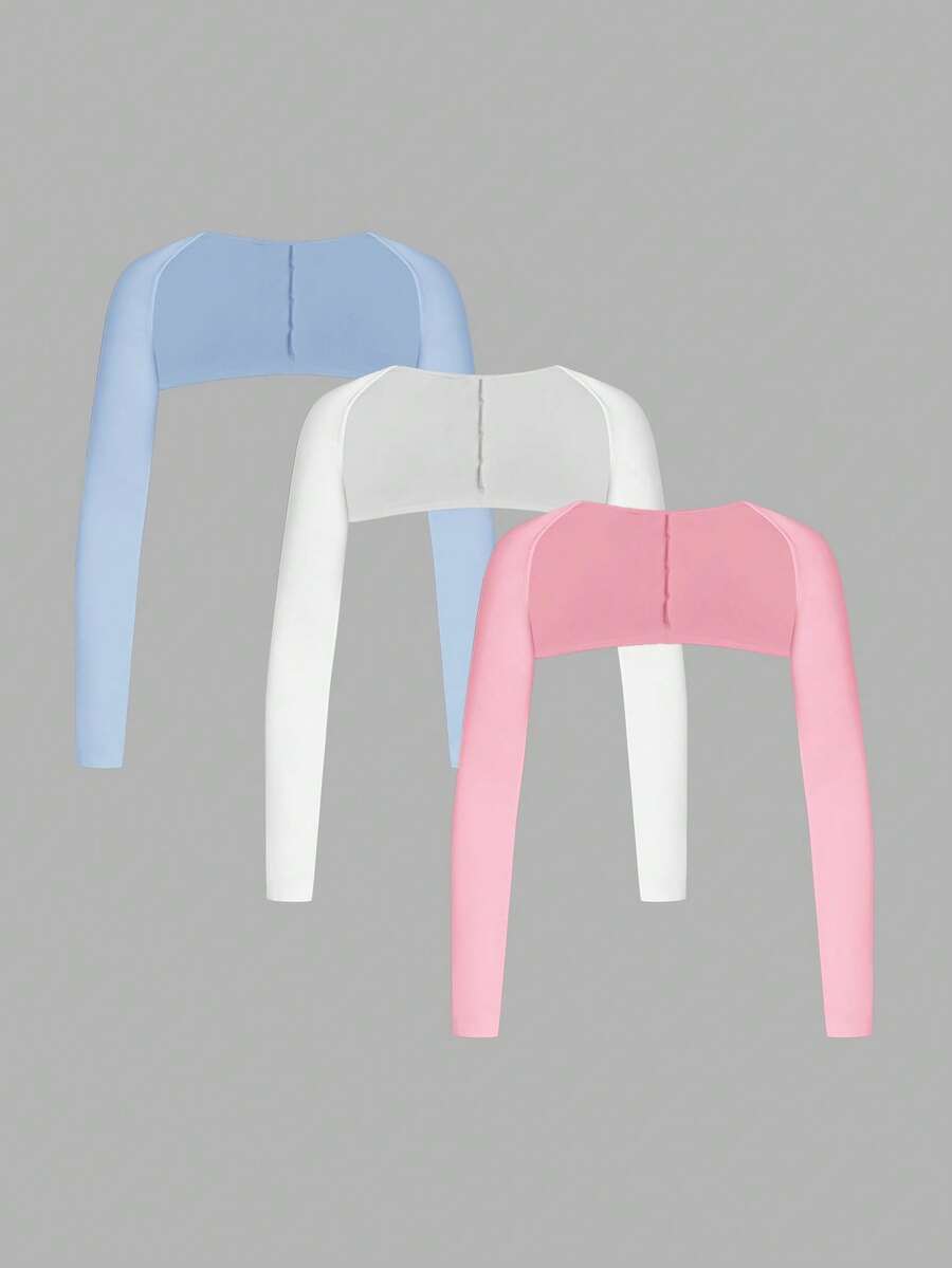 SHEIN BASICS 3件套休闲纯色针织圆领短款女式上衣 - 彩色 - 查看 1