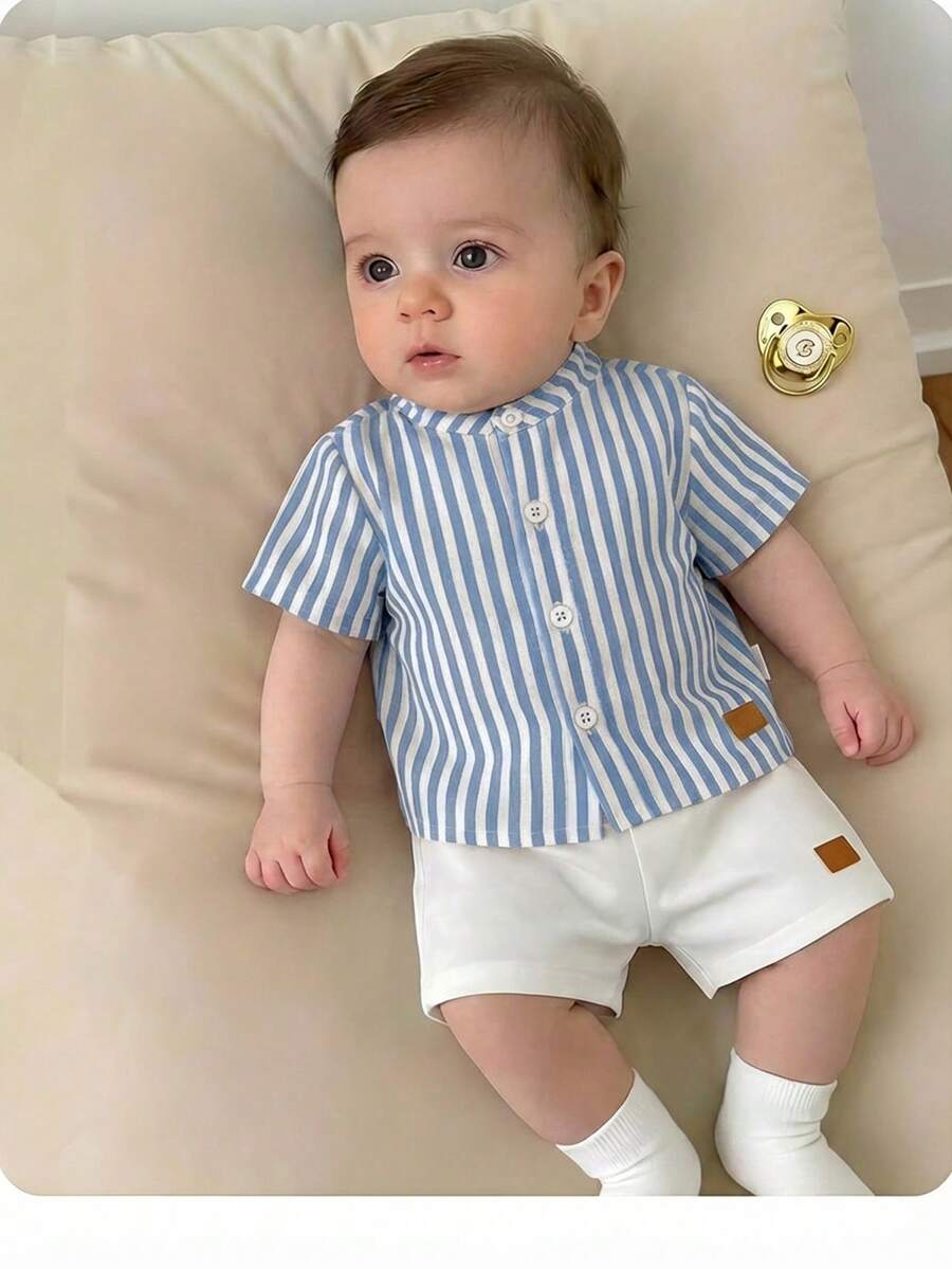 Newborn Baby Boy Casual Cute Striped Short Sleeve Shirt And Elastic Waist Shorts Set - Blue - View 1